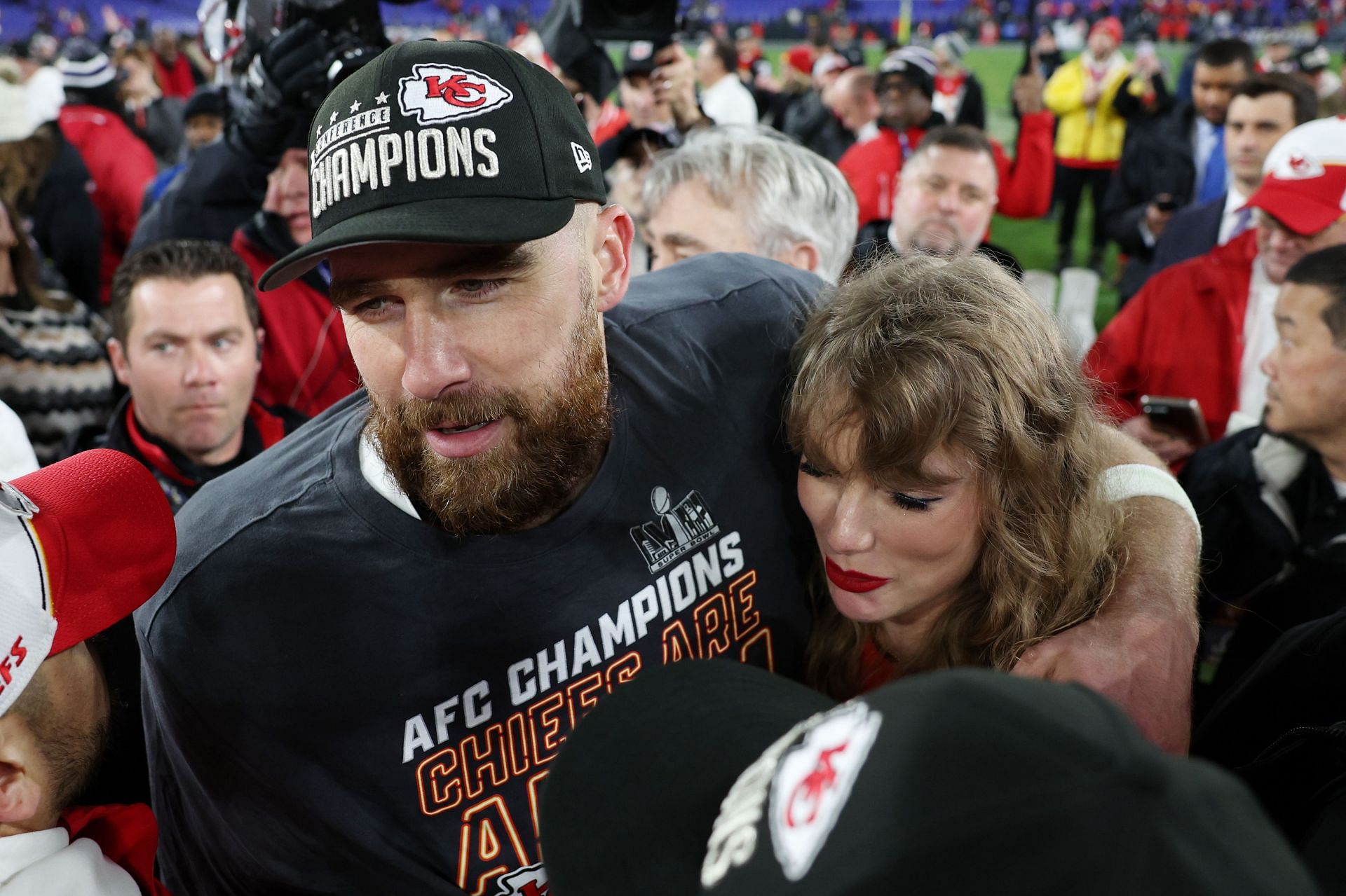 Travis Kelce and Taylor Swift after the Chiefs win in the AFC Championship game