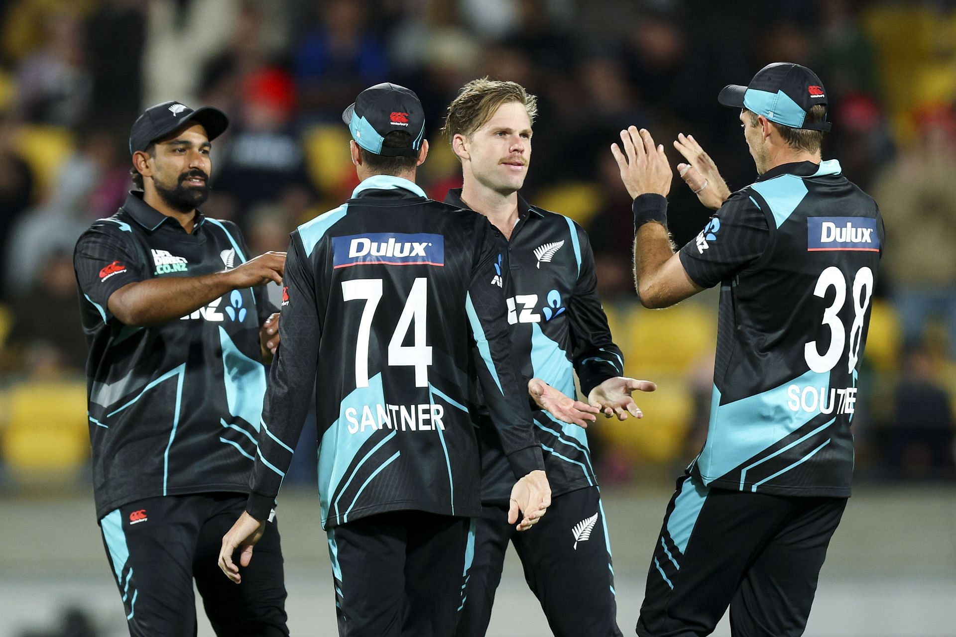 NLockie Ferguson celebrates picking a wicket against Australia in the first T20I.