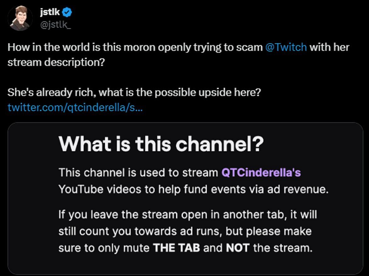 X user calls out streamer and accuses her of &quot;scamming&quot; Twitch (Image via X)