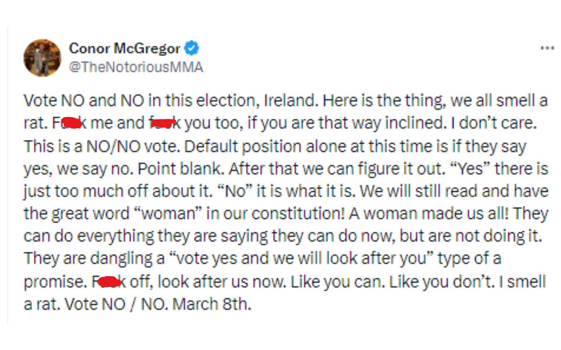 McGregor&#039;s tweet regarding Ireland election [Image courtesy: @TheNotoriousMMA - X]