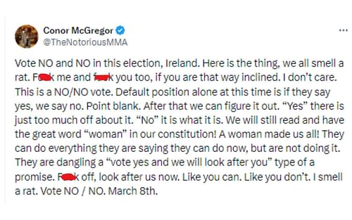 McGregor's tweet regarding Ireland election [Image courtesy: @TheNotoriousMMA - X]