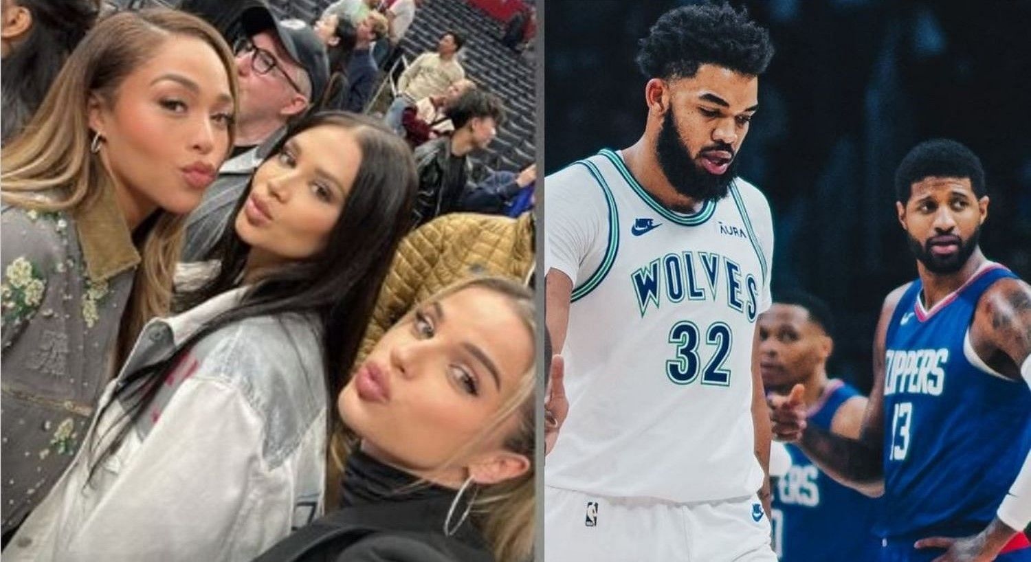 A fashionably dressed Jordyn Woods (leftmost) watched her boyfriend Karl-Anthony Towns beat Paul George and the LA Clippers on Monday.