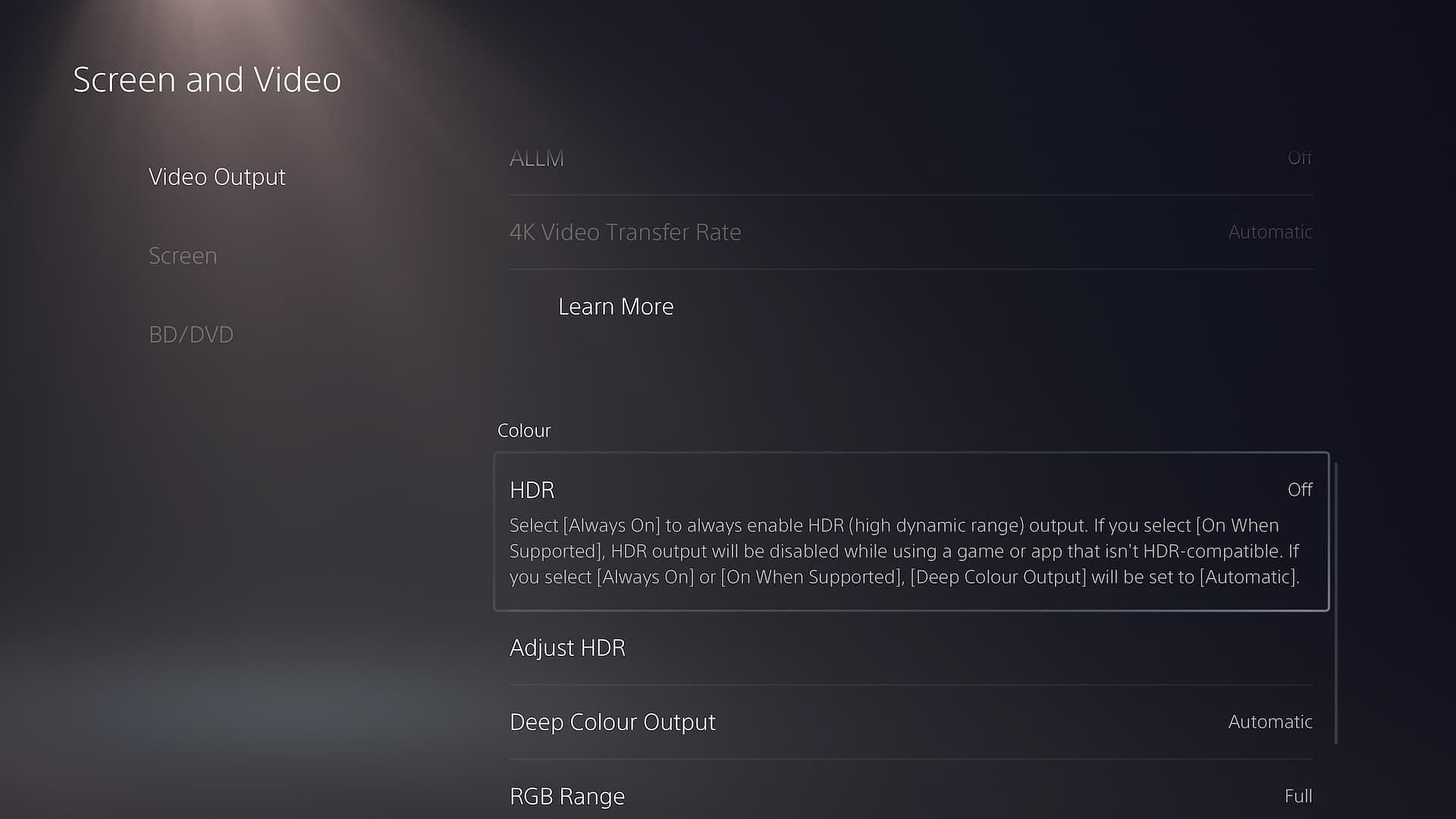 HDR and video PS5 settings (Image via PlayStation)