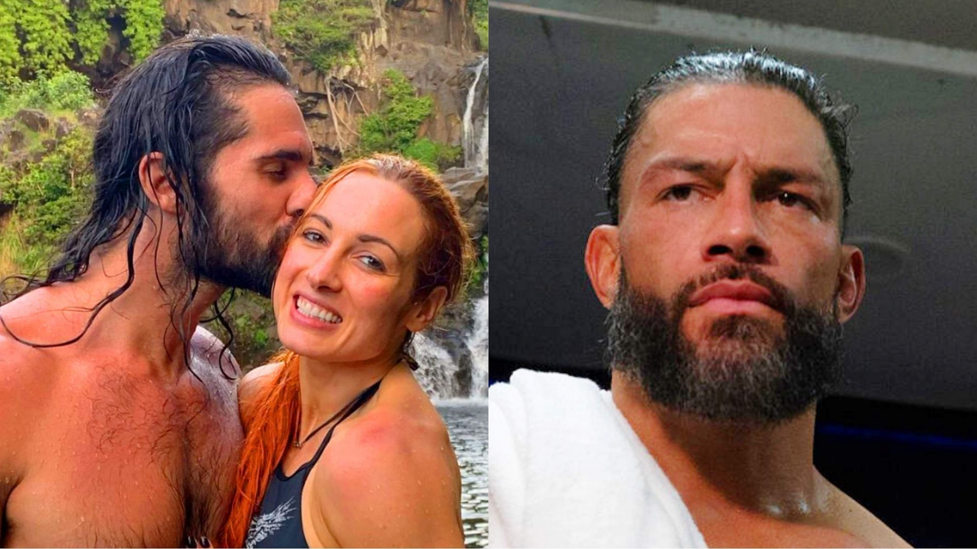 WWE RAW Superstars Seth Rollins and Becky Lynch (left); Roman Reigns (right)