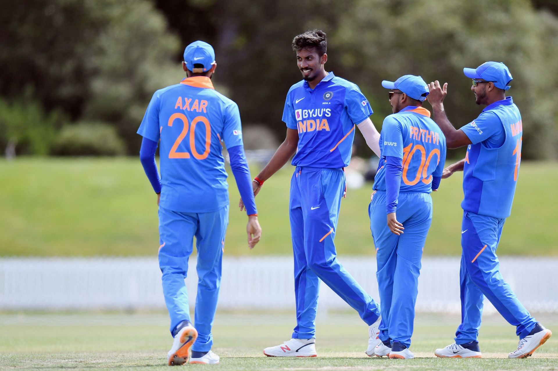 Ishan Porel celebrates a wicket during an India A game,