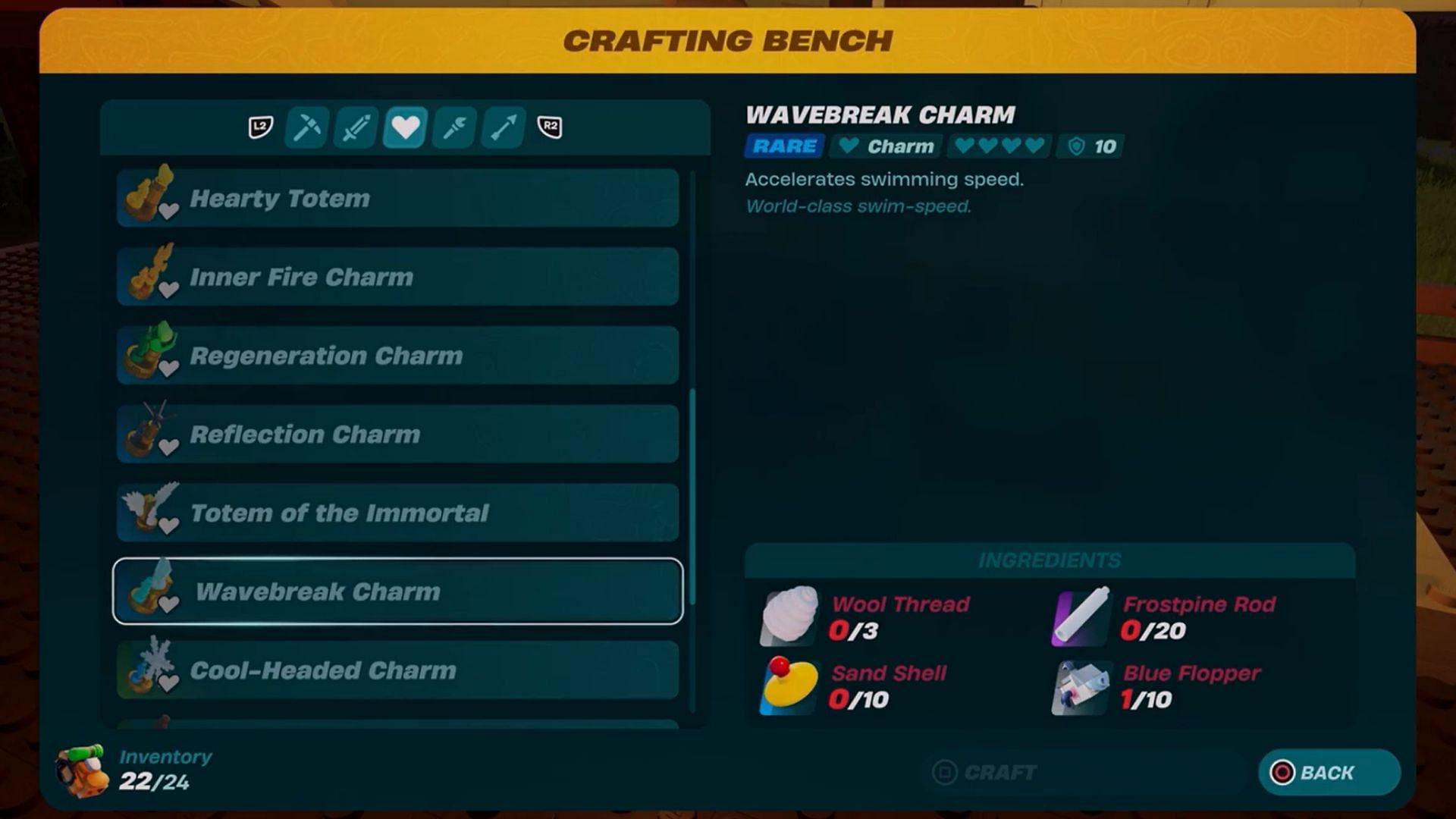 Crafting the Wavebreak Charm (Image via Gamers Heroes on YouTube and Epic Games)