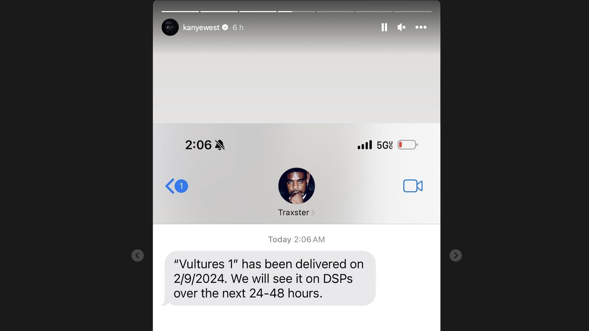 A screenshot posted by Kanye West confirming Vultures has been delivered (Image via kanyewest/Instagram)
