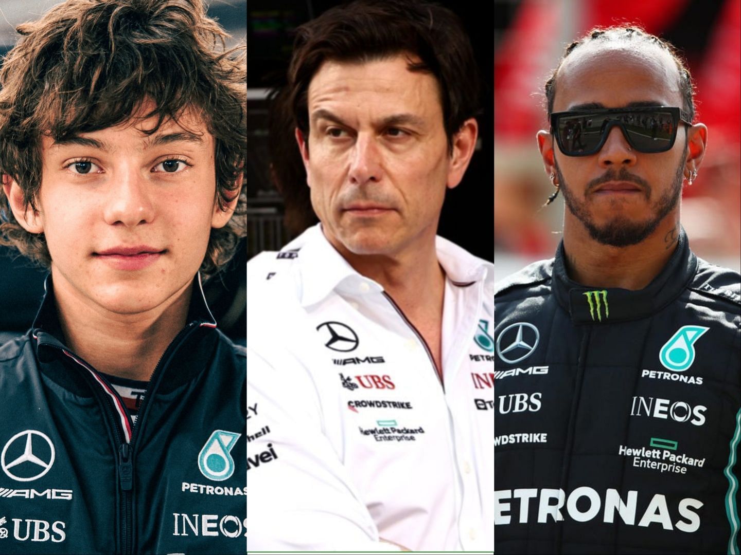 Kimi Antonelli, Toto Wolff and Lewis Hamilton (Image 1 via Mercedes F1 team, Image 2, 3 via Getty)