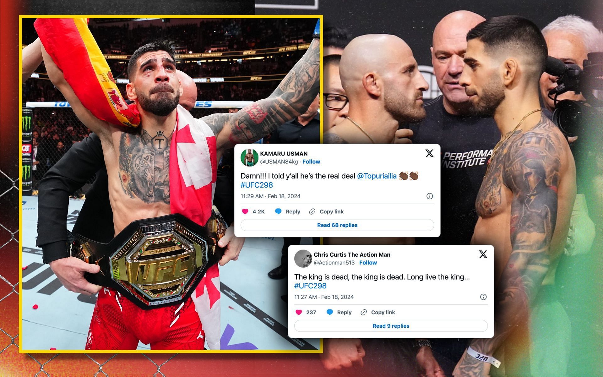MMA world reacts to Ilia Topuria (left) becoming the new featherweight champion. [Image credits: @ufc on x]