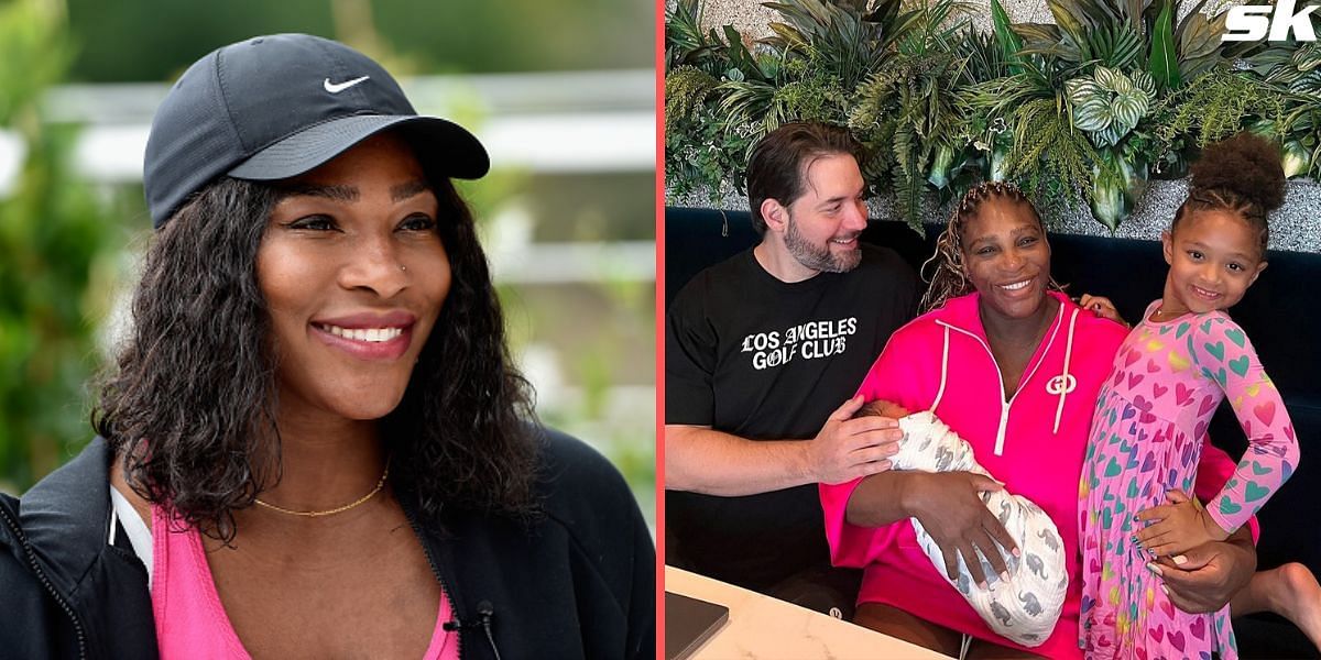 Serena Williams (L) and Williams with husband Alexis Ohanian and daughters Olympia and Adira (R)