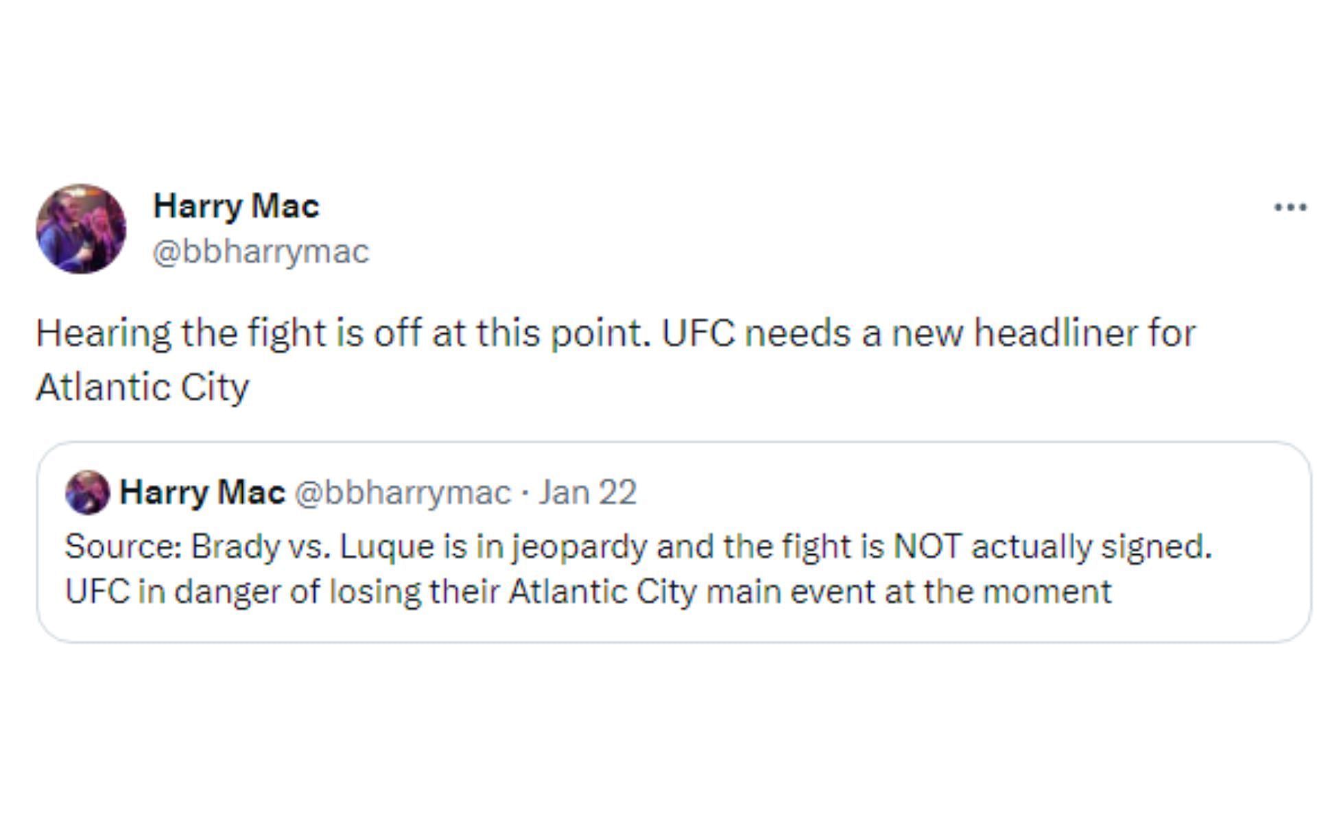 Mac&#039;s tweet regarding Brady vs. Luque [Image courtesy: @bbharrymac - X]