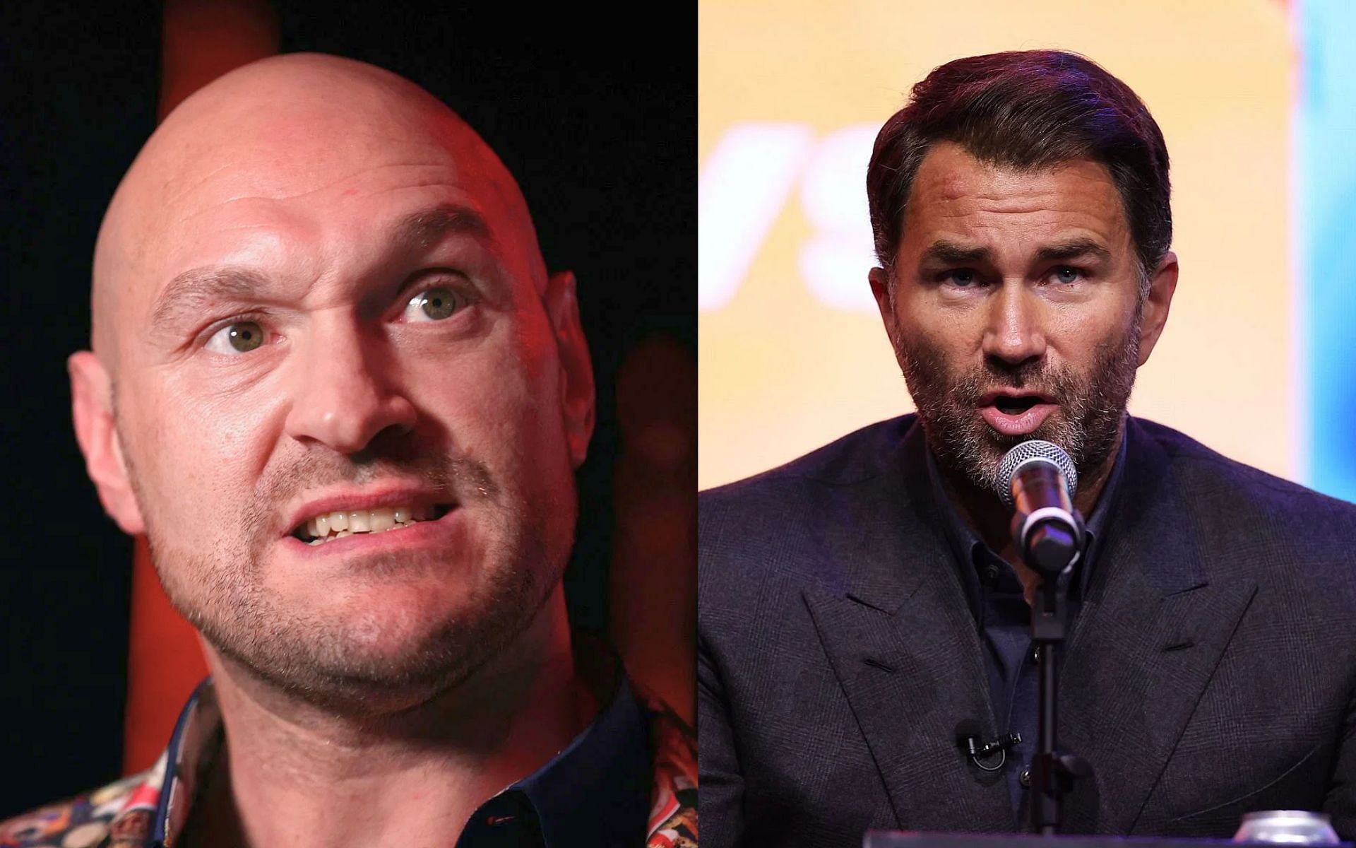 Eddie Hearn (right) shares firm stance on Tyson Fury (left) potentially asking someone to cut his eye to avoid Oleksandr Usyk fight [Images Courtesy: @GettyImages]