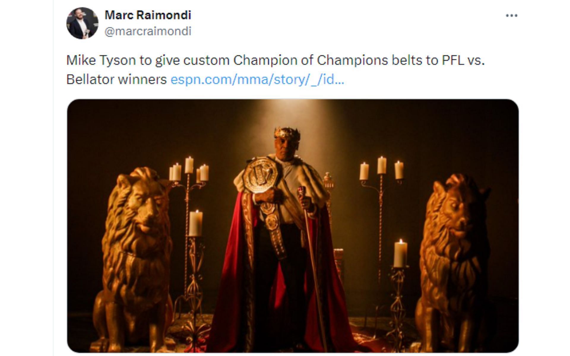 Tweet regarding Tyson awarding champion vs. champion titles [Image courtesy: @marcraimondi - X]
