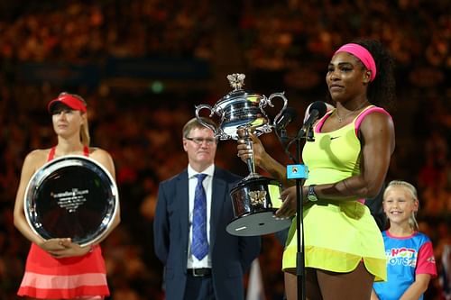 Maria Sharapova and Serena Williams pictured at the 2015 Australian Open