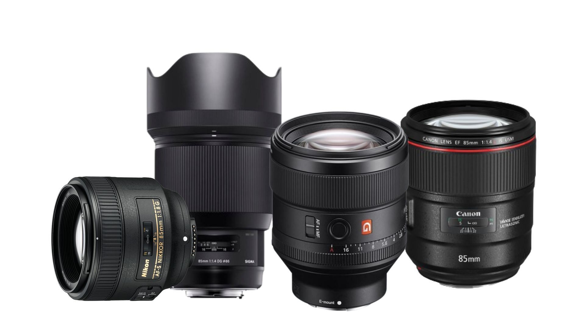 A few of the best 85mm lenses available (Image via Canon, Sigma, Sony, Nikon)