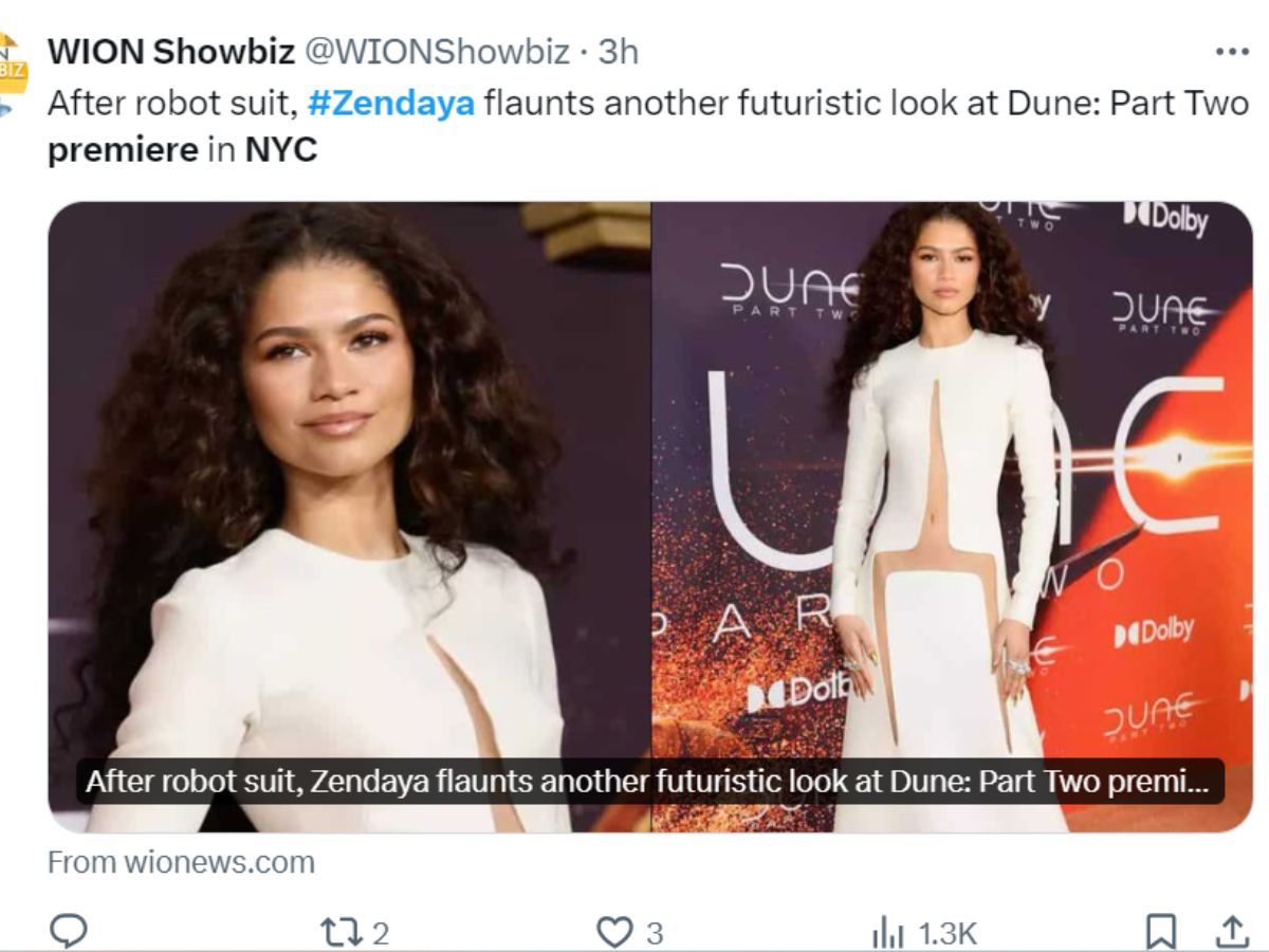 Fans exclaim over Zendaya&#039;s look for the Dune 2 NYC premiere (Image via Twitter/@WIONShowbiz)