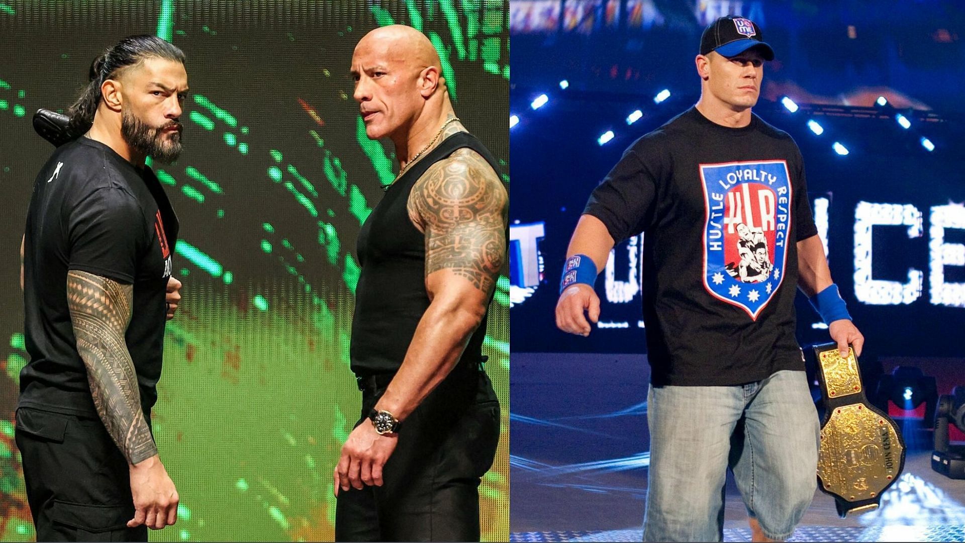 Roman Reigns and The Rock (left); John Cena (right)