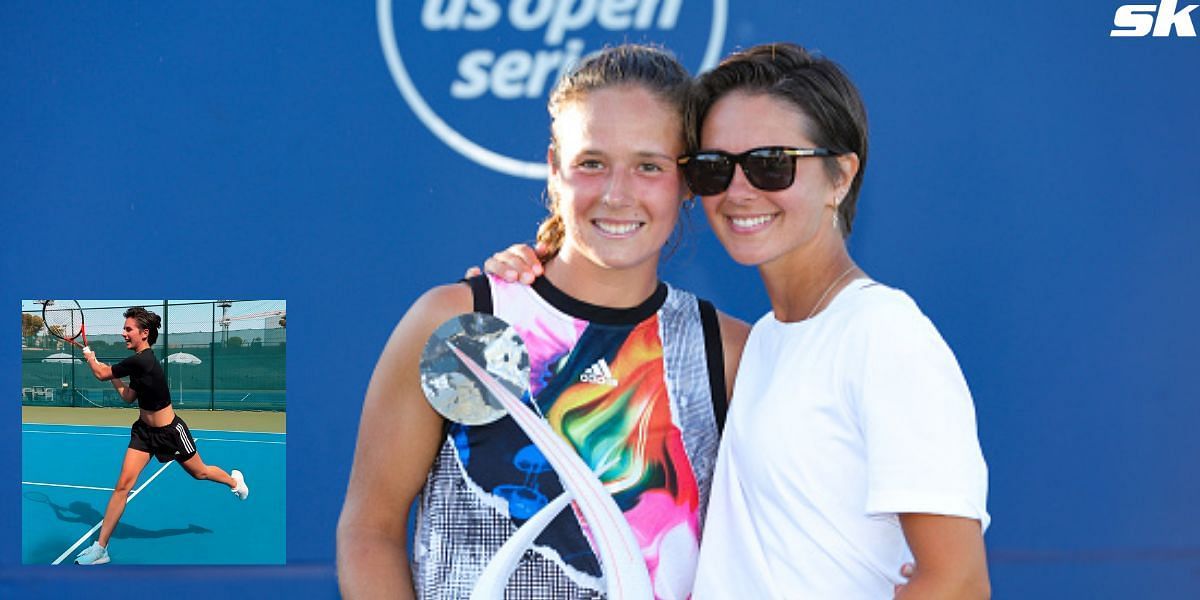 Daria Kasatkina with Natalia Zabiiako and Zabiiako playing tennis (inset)