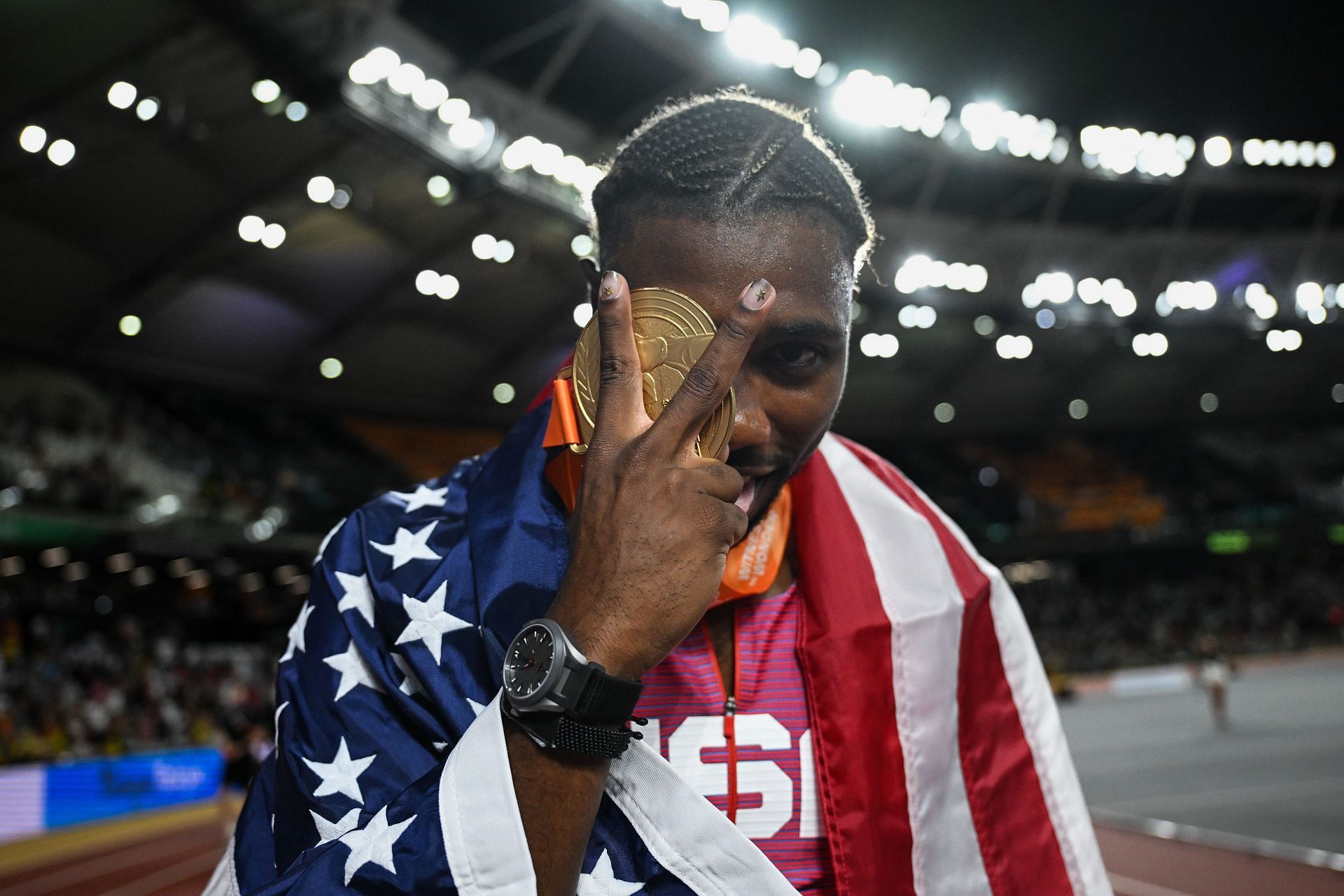 Noah Lyles Celebrates with the gold medal after winning the Men&#039;s 200m Final during the 2023 World Athletics Championships in Budapest, Hungary.