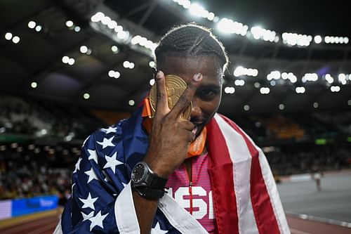 Noah Lyles Celebrates with the gold medal after winning the Men's 200m Final during the 2023 World Athletics Championships in Budapest, Hungary.