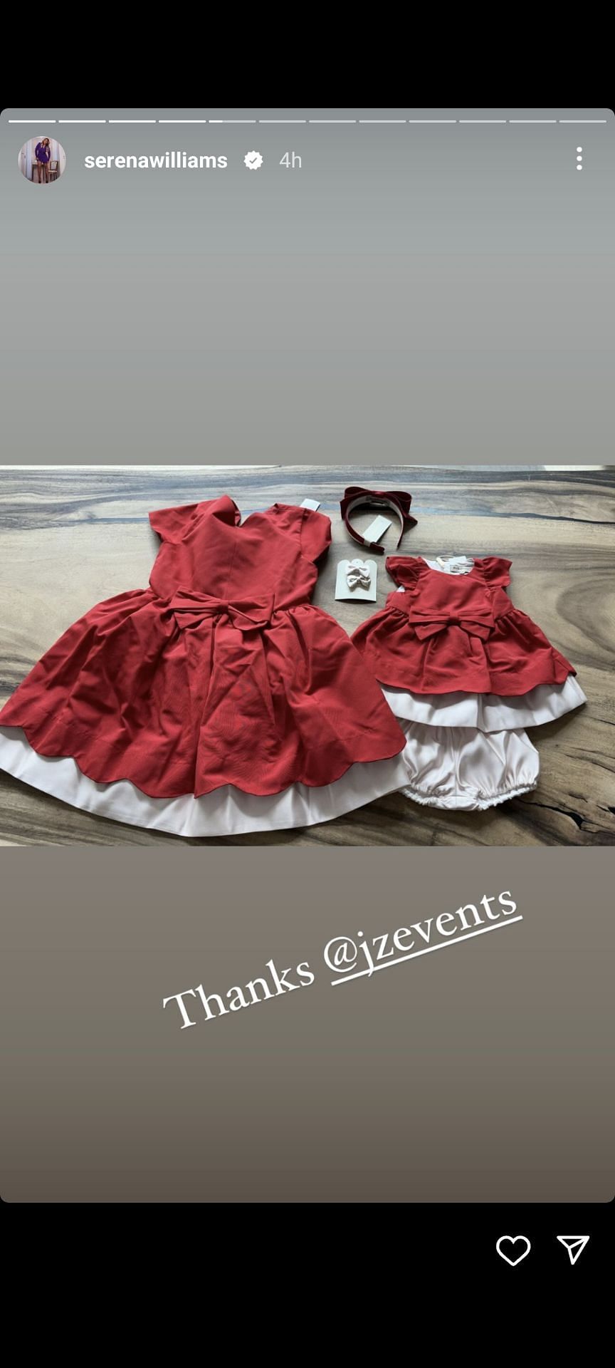 Matching pair of red outfits for Olympia and Adira River sent to Serena Williams by Jennifer Zabinski Events