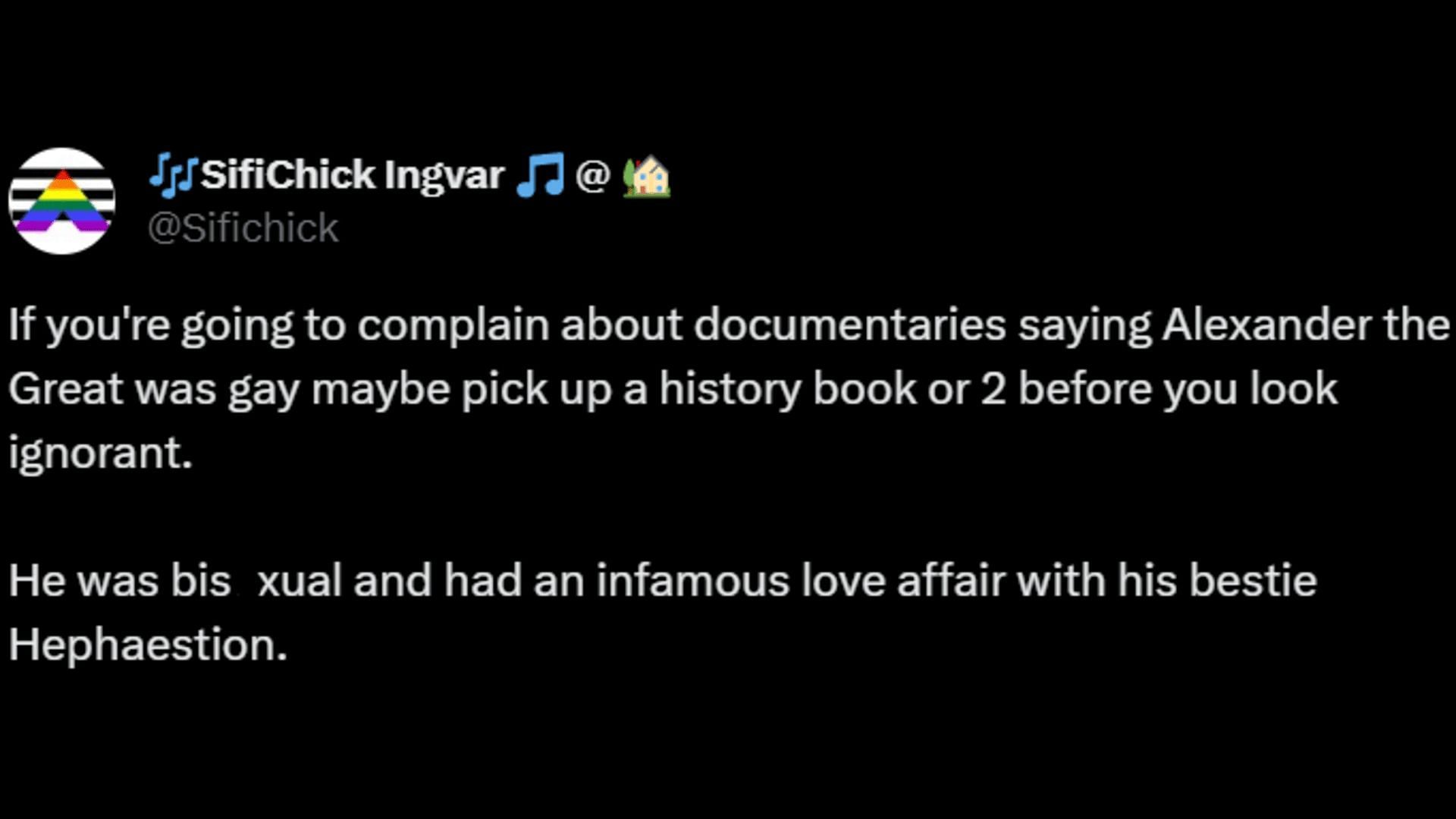 A netizen slams viewers for wrong understanding of the latest Netflix documentary on Alexander. (Image via X/Sifichick)