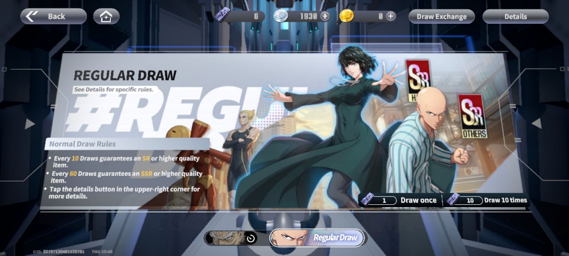 An in-game screenshot of the Regular Draw banner in One Punch Man World (Image via Crunchyroll Games, LLC)