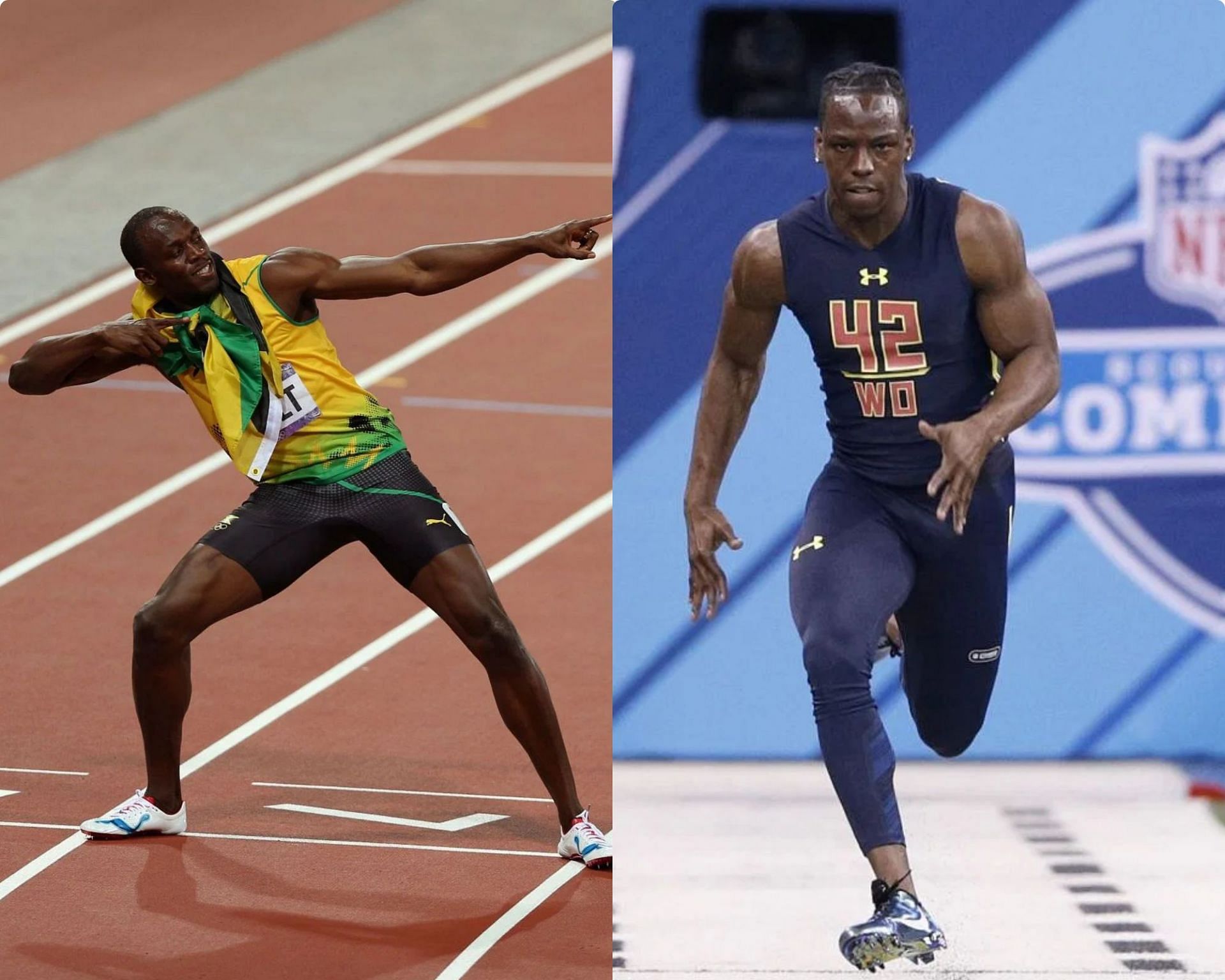 How does the fastest 40-yard dash in NFL Combine history compare to Usain Bolt