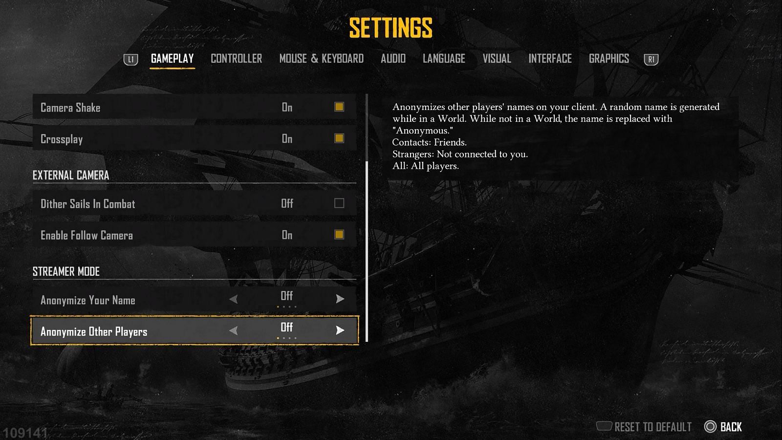 The settings page on the PS5 edition of Skull and Bones. (Image via Ubisoft)