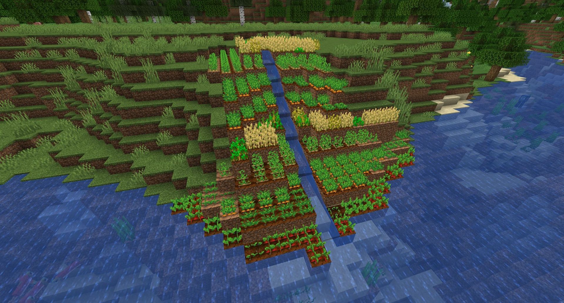 A terraced farm built over a hill (Image via Mojang)