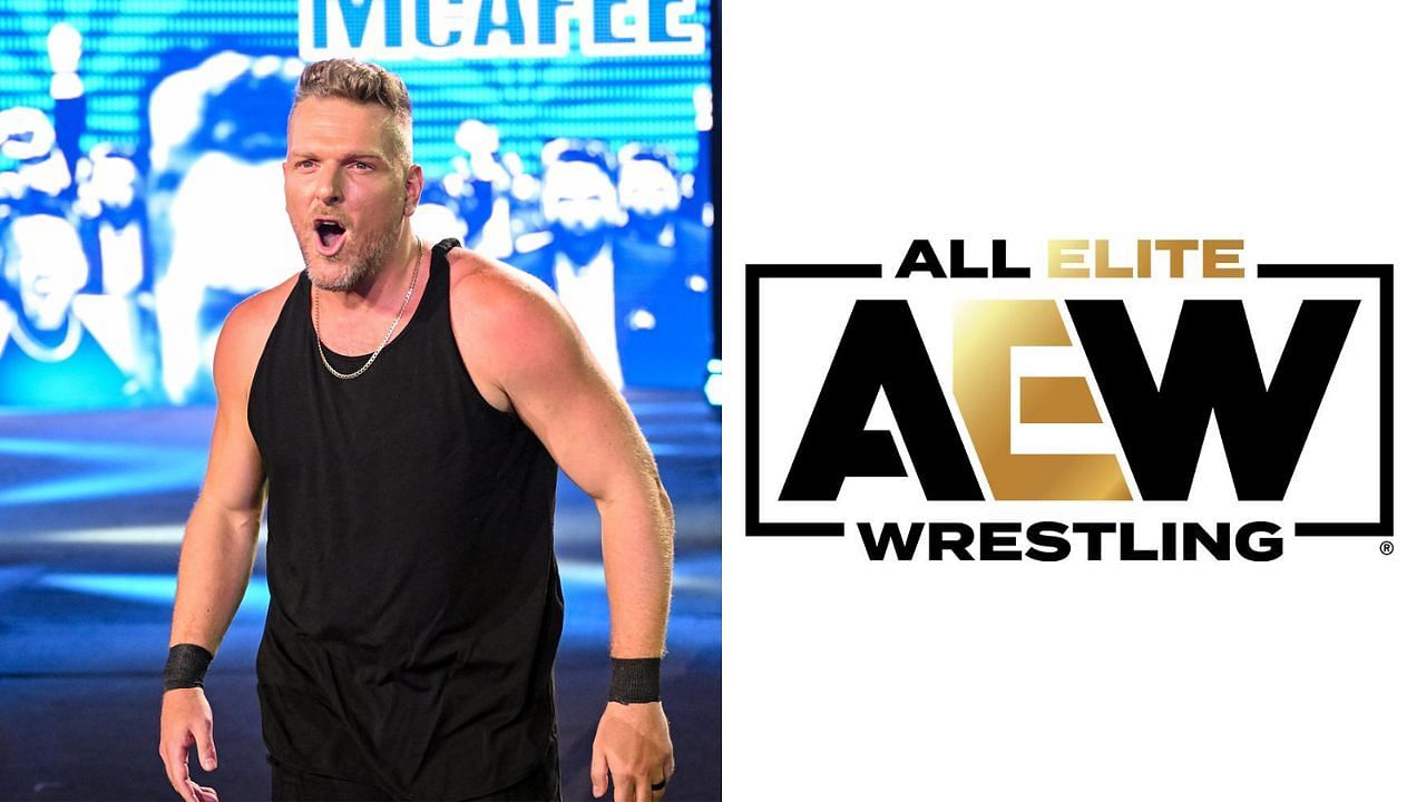 WWE star Pat McAfee (left) and AEW logo (right)