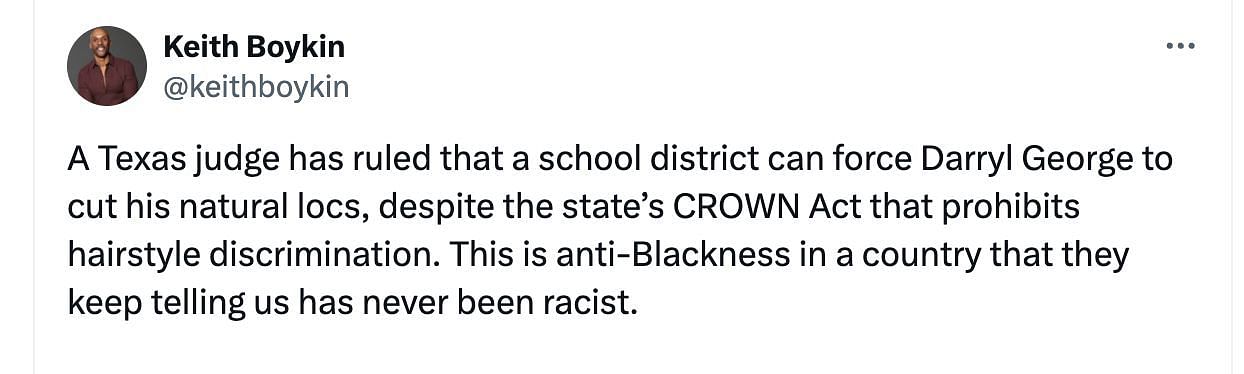 Social media users debate as the judge sides with the school that suspended a Black student due to his long hair. (Image via @keithboykin/ X)