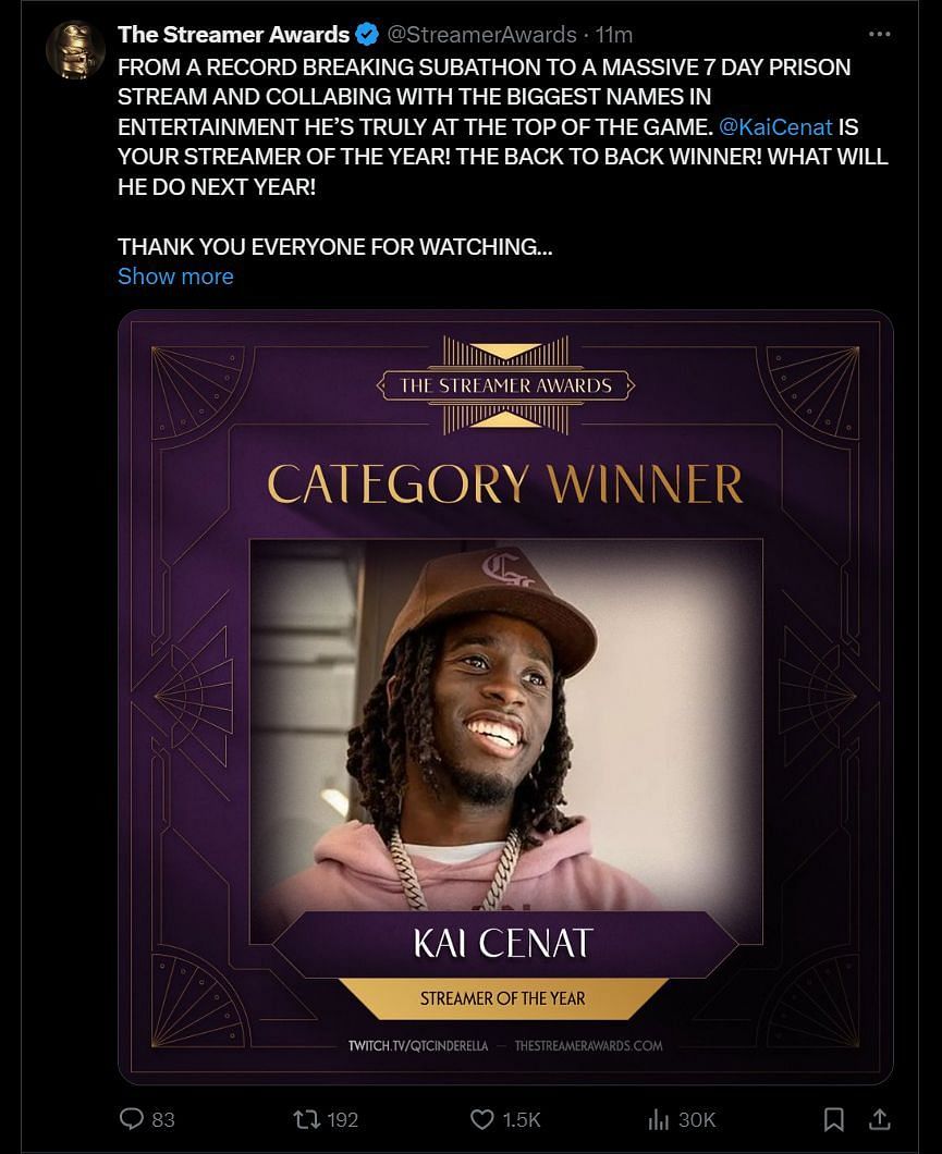 The Streamer Awards congratulates Kai Cenat on winning the coveted title (Image via X)