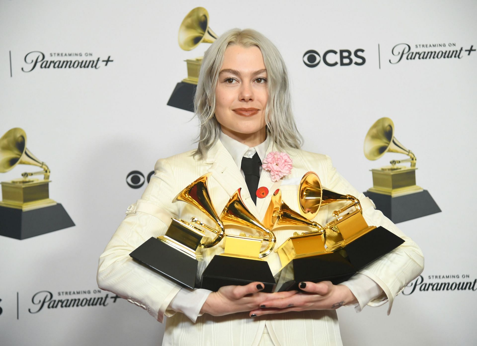 Phoebe Bridgers, from boygenius, poses in the press room with her four GRAMMY Awards (Photo by Alberto E. Rodriguez/Getty Images for The Recording Academy)