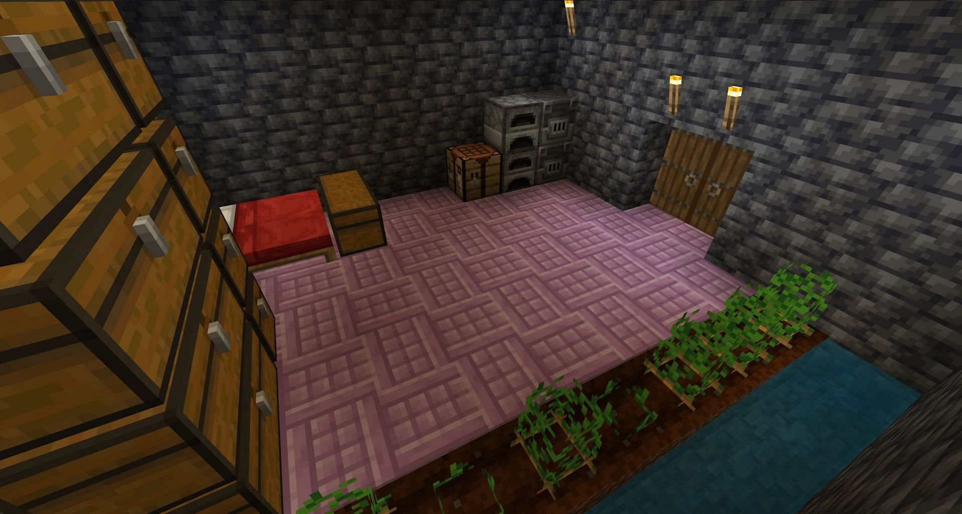 A basic underground base with a wicker floor (Image via Mojang Studios)