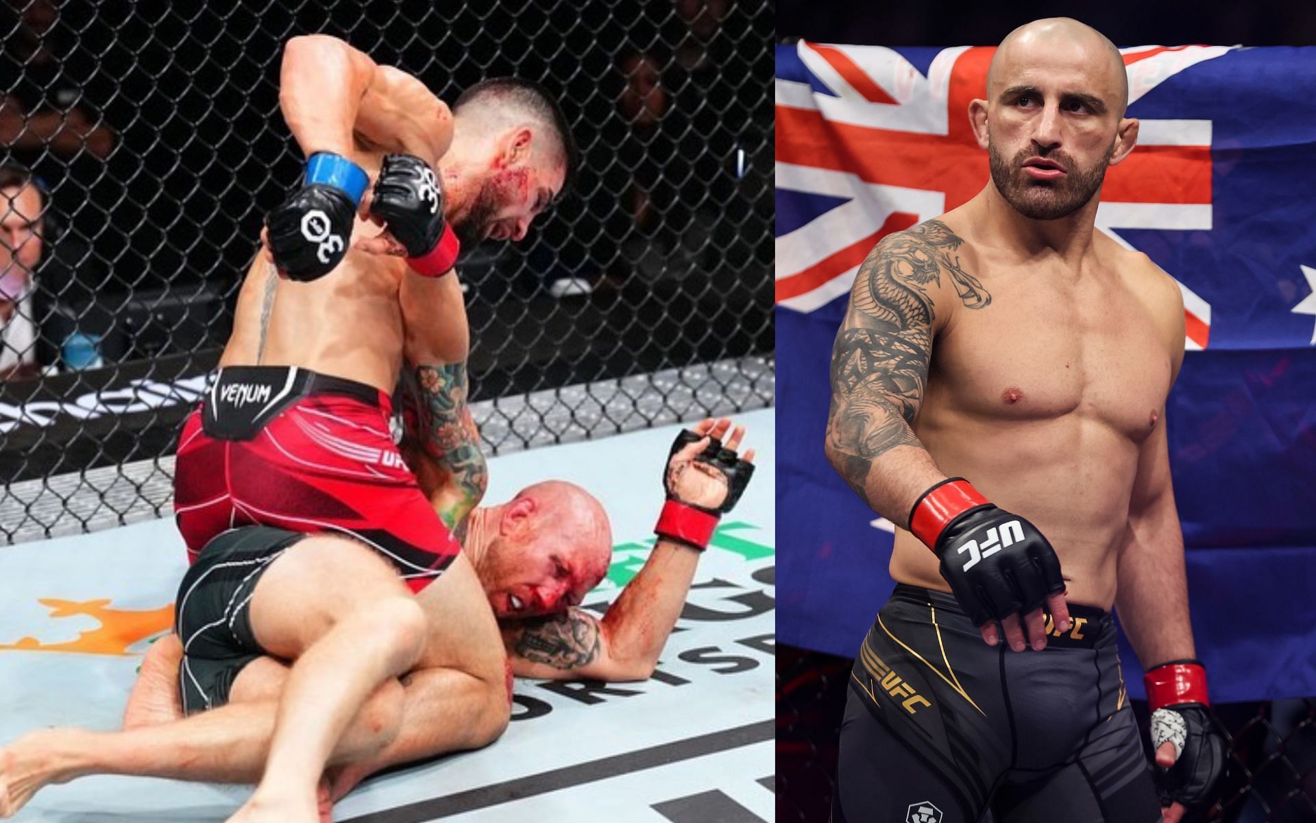 Ilia Topuria in action against Josh Emmett (left) and Alexander Volkanovski (right). [via Getty Images and @iliatopuria on Instagram]