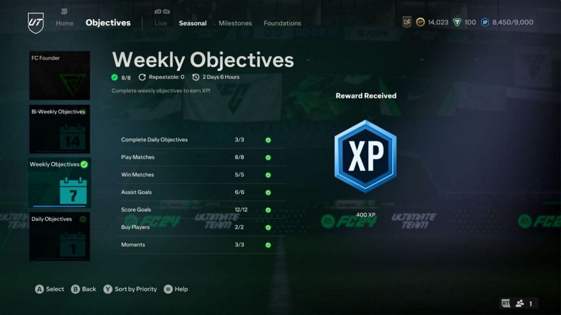 Weekly objectives help players grab bulks of EA FC 24 season XP at once (Screengrab via EA Sports)