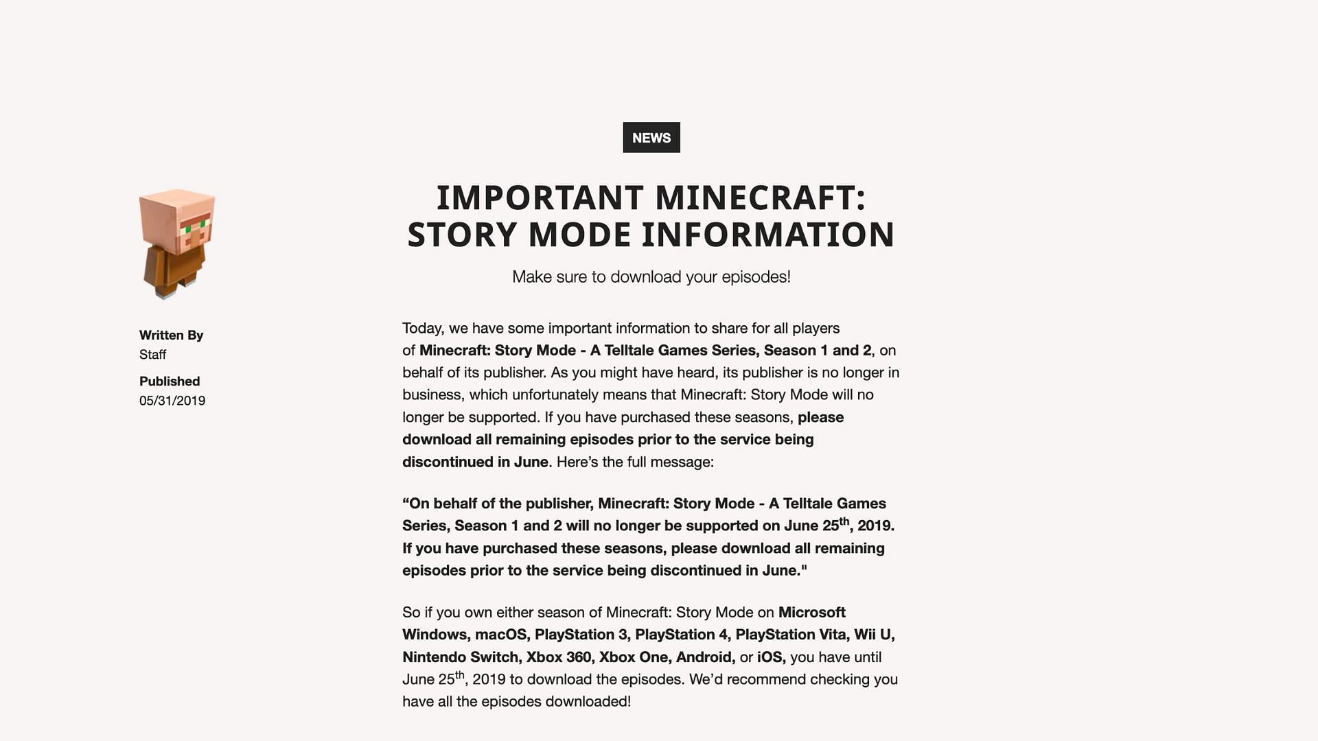 Mojang announcing the end of Story Mode