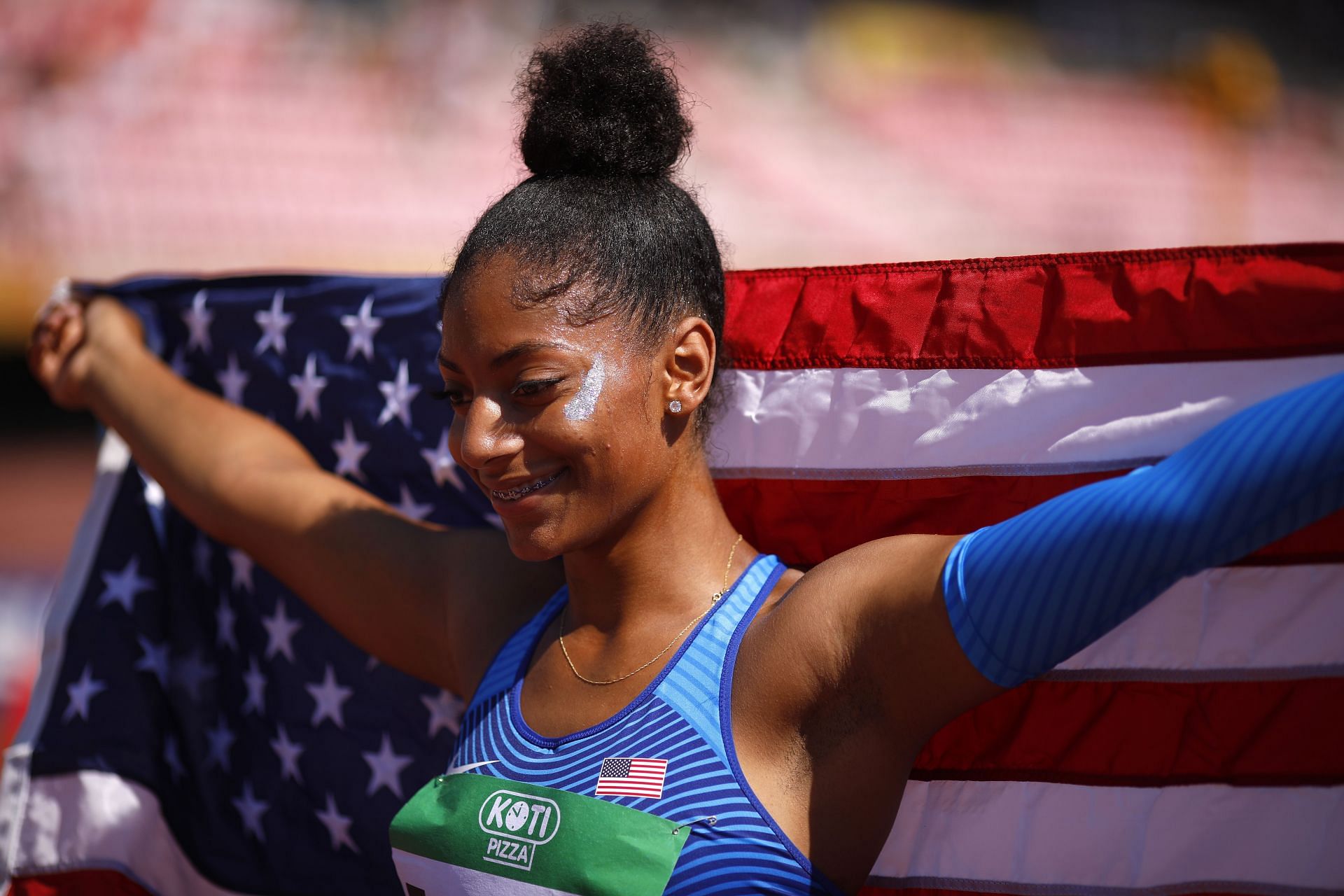 Tia Jones of The USA celebrates winning gold in the final of the women&#039;s 100m hurdles on day six of The IAAF World U20 Championships on July 15, 2018 in Tampere, Finland.