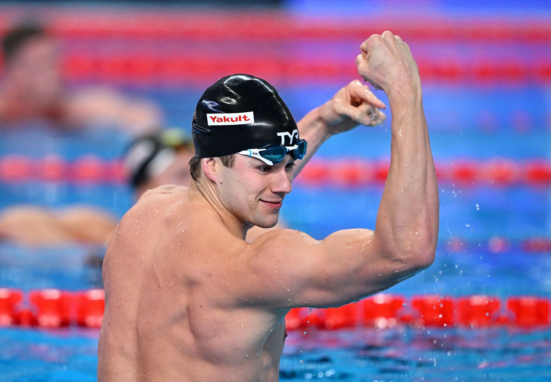 Nic Fink after winning gold in the Men&#039;s 100m Breaststroke Final at the Doha 2024 World Aquatics Championships. (Photo by Quinn Rooney/Getty Images)