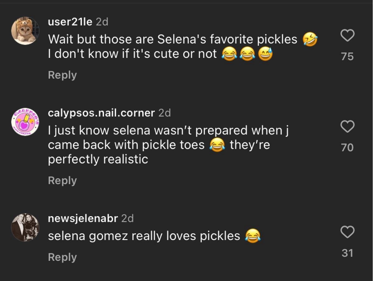 Fans compliment Benny&#039;s pickle pedicure effort for Selena (Image via Instagram/ @nailedbytav)