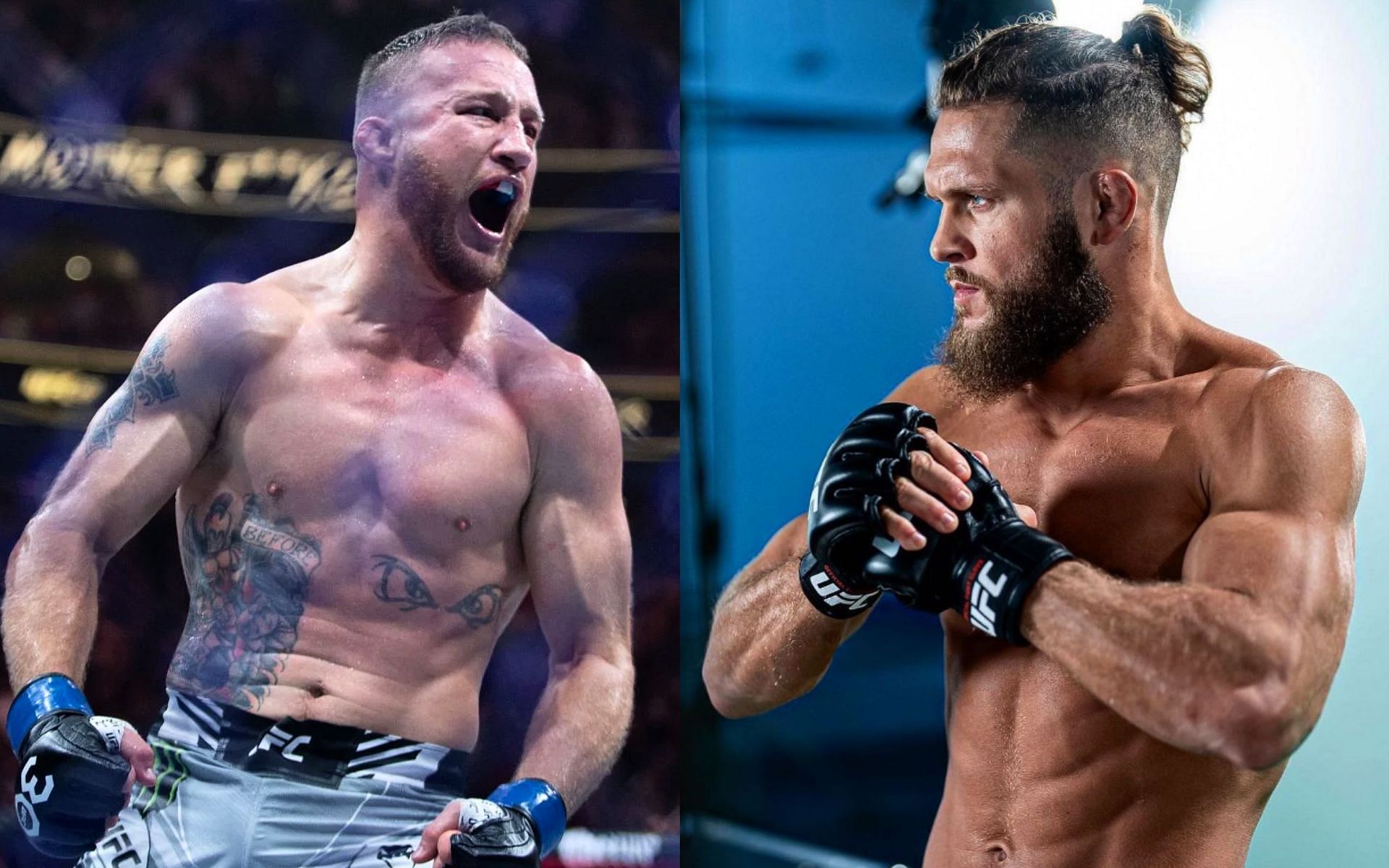 Rafael Fiziev (right) responds to Justin Gaethje (left) after 
