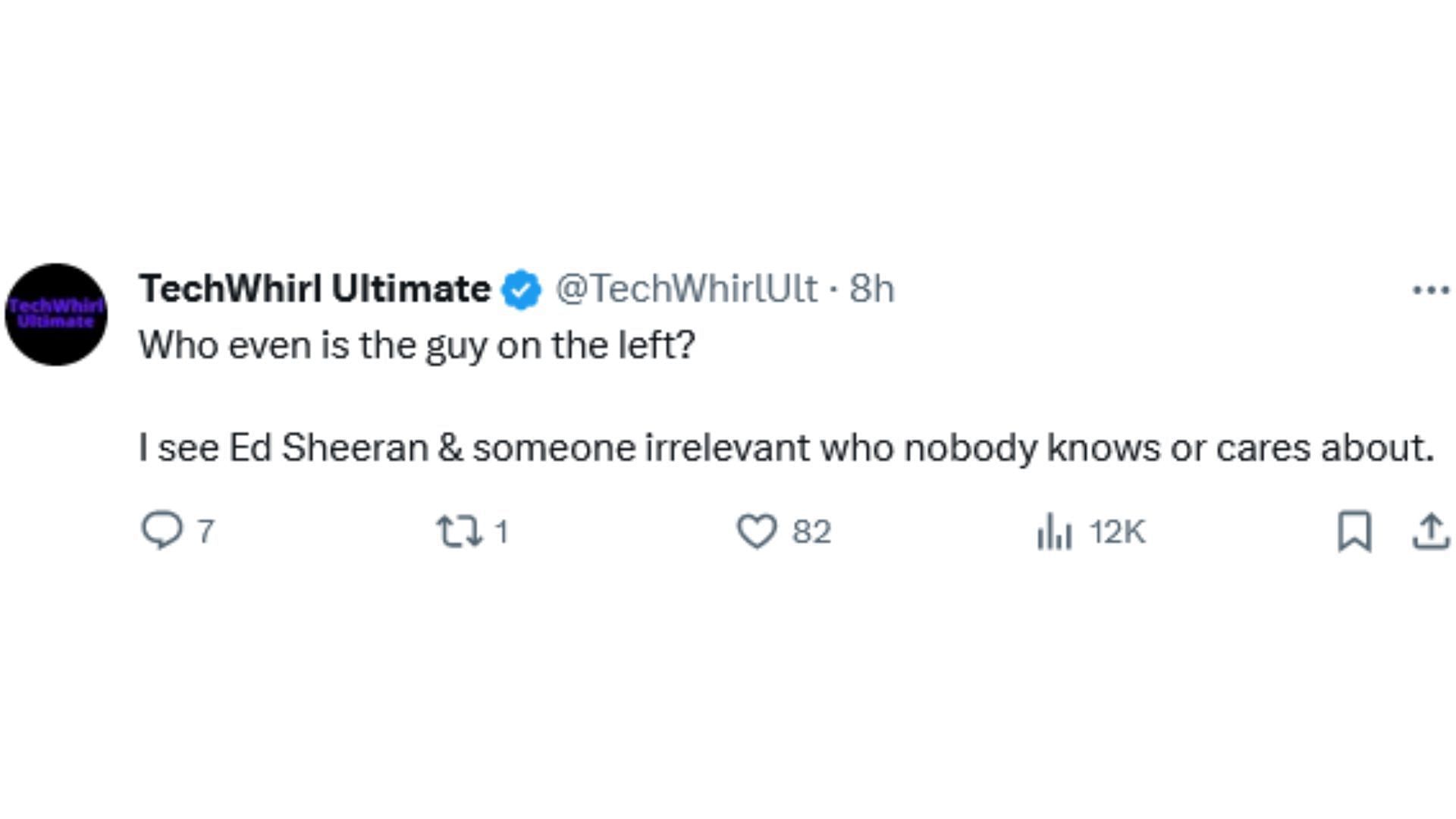 Netizens reacted hilariously as Stewart looked down upon Sheeran&rsquo;s music (Image via X/@TechWhirlUlt)