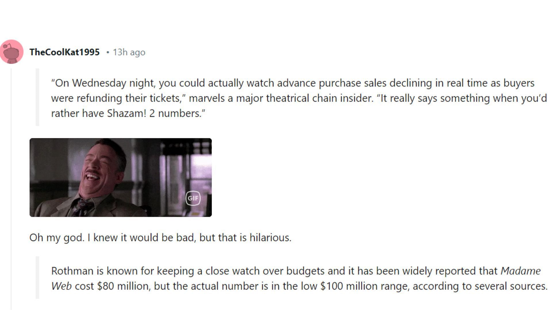 An insider&#039;s post about dwindling sales of the movie (Image via Reddit)