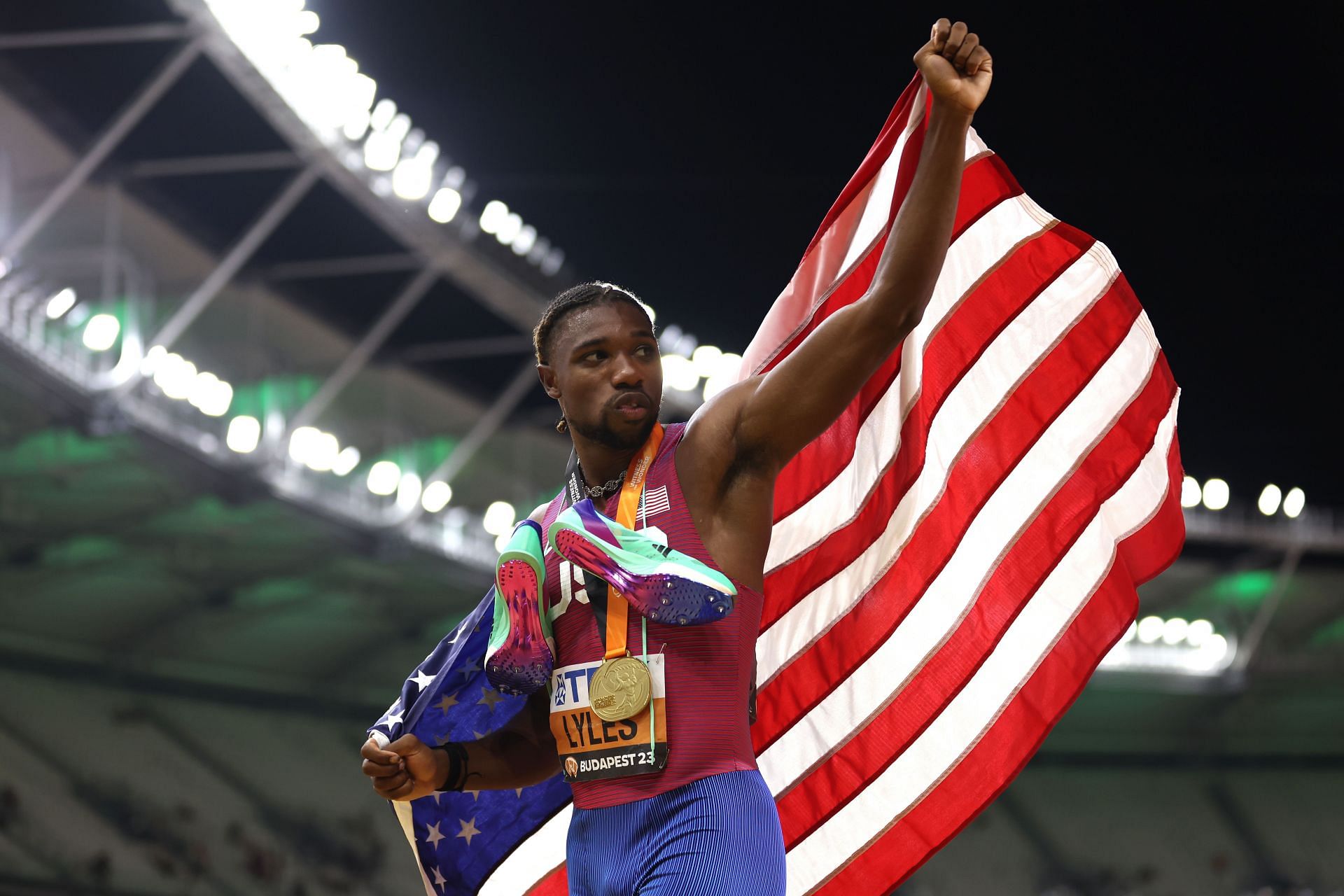 Noah Lyles of Team United States celebrates winning the Men&#039;s 200m Final during the World Athletics Championships 2023 in Budapest, Hungary.