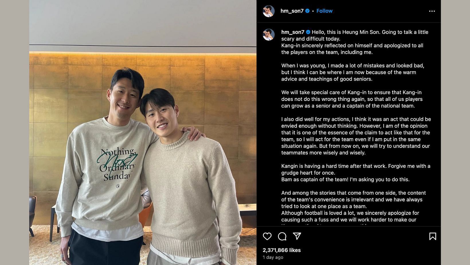 South Korean national team players Son Heung-min and Lee Kang-in displaying a united front. (Image via Instagram/@hm_son7)
