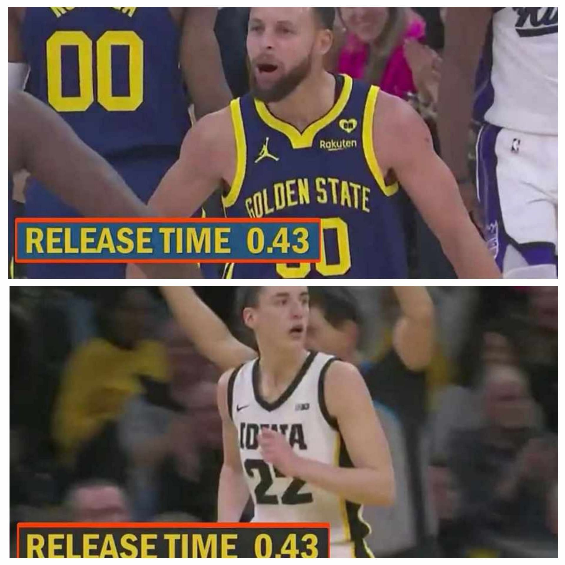 It appears that Steph Curry (up) and Caitlin Clark (down) have identical release time in shooting