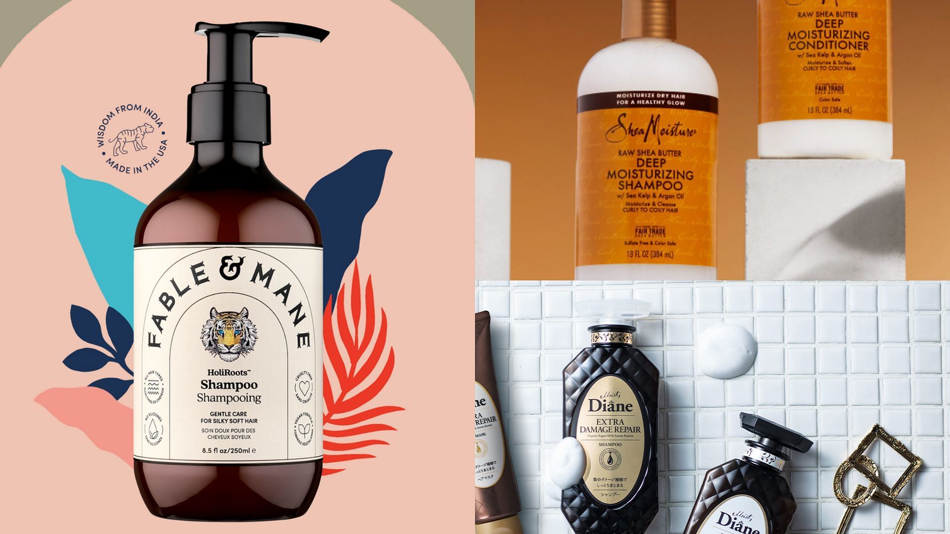 Best shampoos for split ends (Image via Fable &amp; Mane, SheaMoisture, Moist Diane)