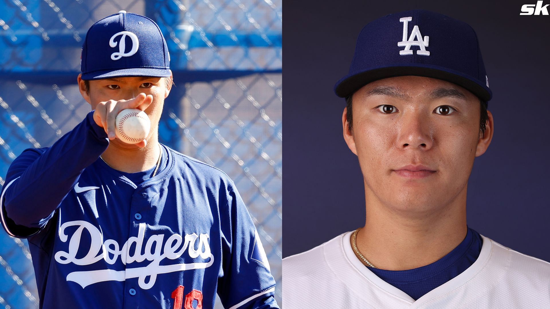 Yoshinobu Yamamoto of the Los Angeles Dodgers poses for a portrait during photo day at Camelback Ranch