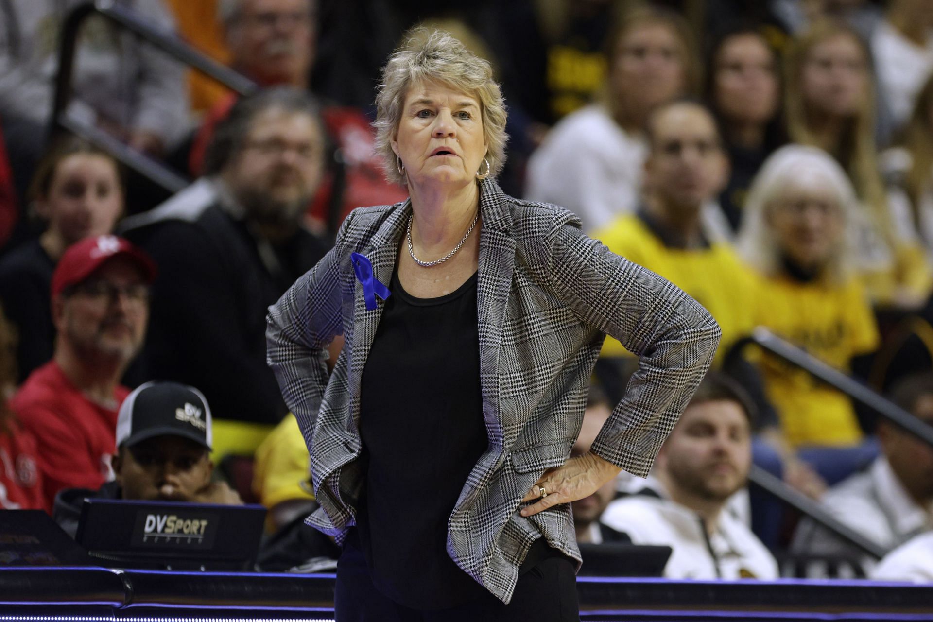 Head coach Lisa Bluder of the Iowa Hawkeyes reacts during the first half of a game against the Rutgers Scarlet Knights.